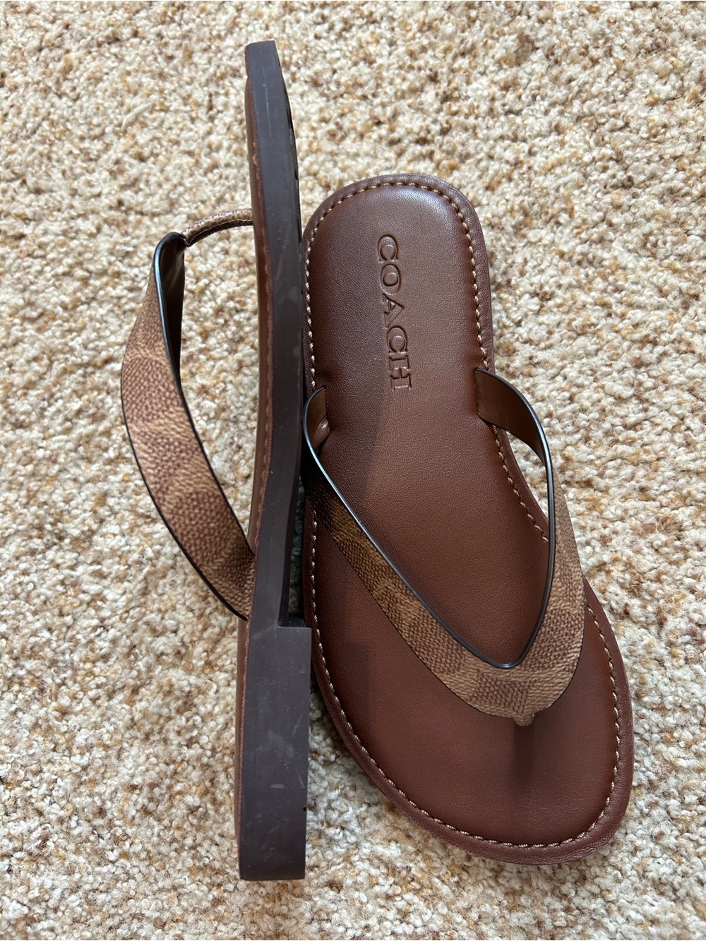Coach Brown Leather Logo-Trim Flip Flop Sandals - Picture 2 of 8